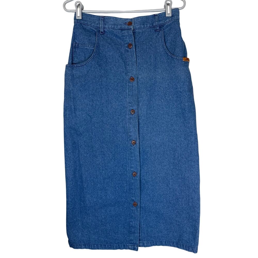 Vintage 70s Blue Denim Jean Maxi Skirt Womens 12 Button Front Front Slit Long